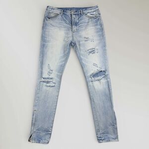 MNML Jeans Mens Light Wash Distressed Slim Fit Button Fly Ankle Zip Denim Sz 36